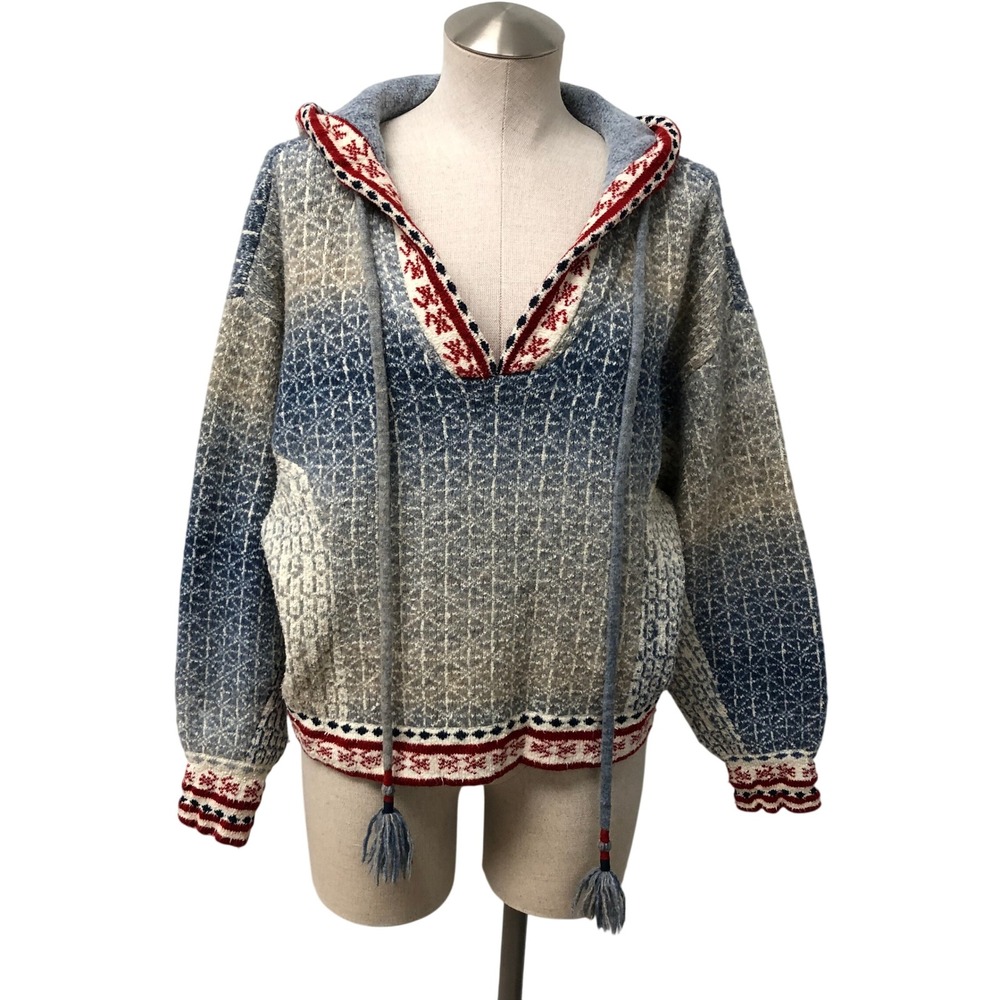 Pilcro Hooded Sweater Womens S Blue White Ombre Fair Isle Tassel Knit Pullover